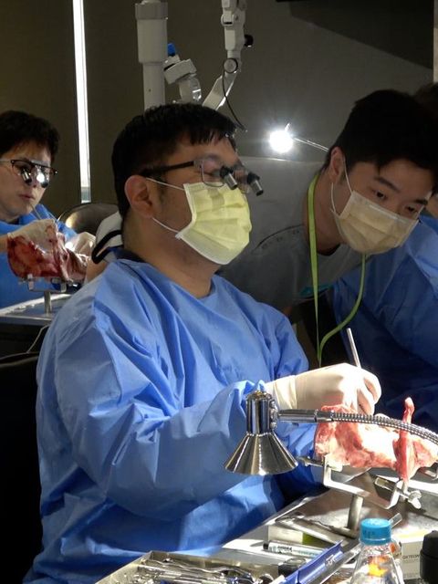 實作課程中，學員在模型上練習手術